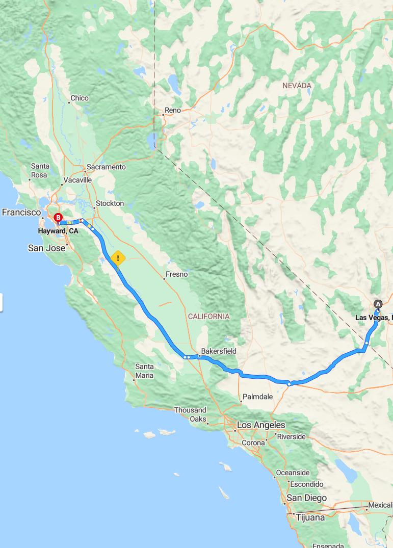 driving from Las Vegas, Nevada to HaywardCalifornia - map and route