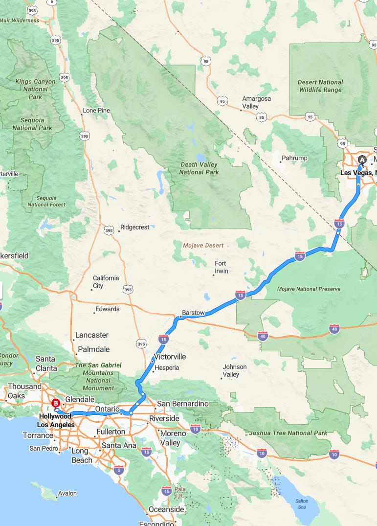 driving from Las Vegas, Nevada to HollywoodCalifornia - map and route