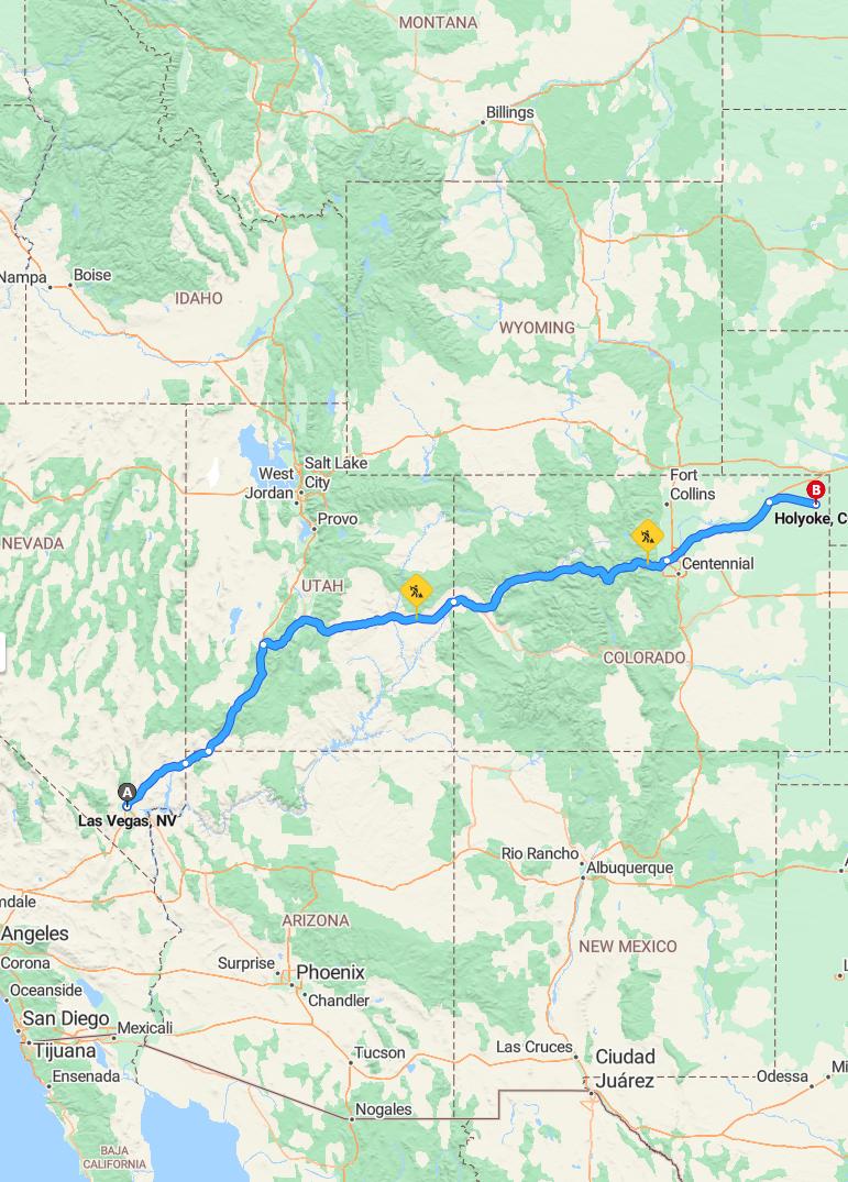 driving from Las Vegas, Nevada to HolyokeColorado - map and route