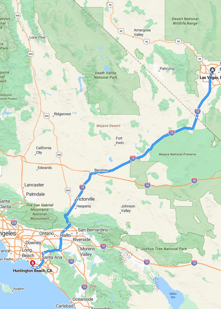 driving from Las Vegas, Nevada to Huntington BeachCalifornia - map and route