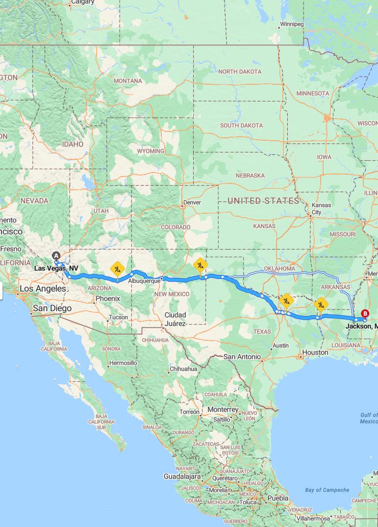 driving from Las Vegas, Nevada to JacksonMississippi - map and route