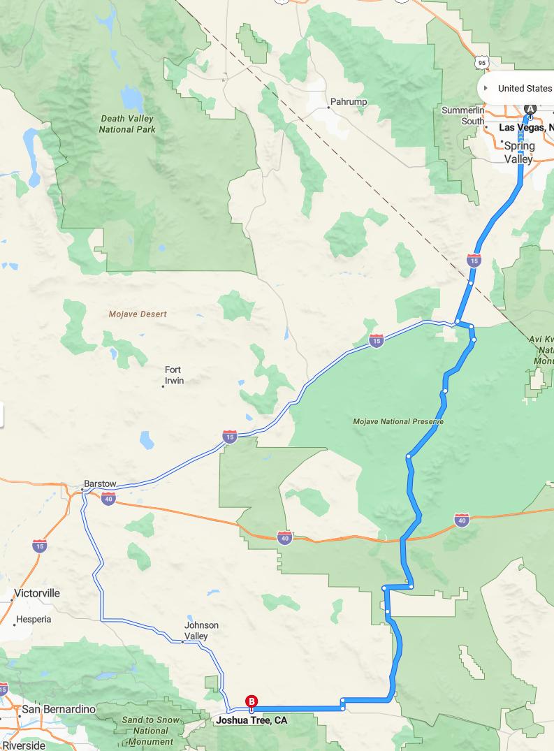driving from Las Vegas, Nevada to Joshua TreeCalifornia - map and route