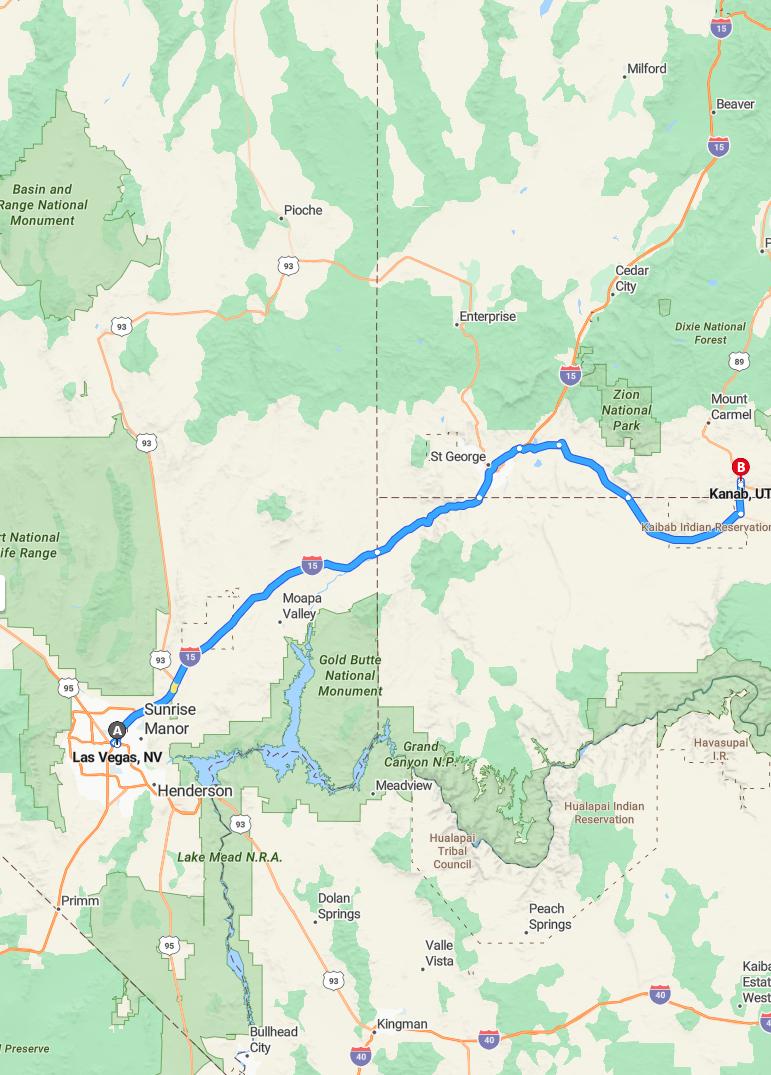 driving from Las Vegas, Nevada to KanabUtah - map and route