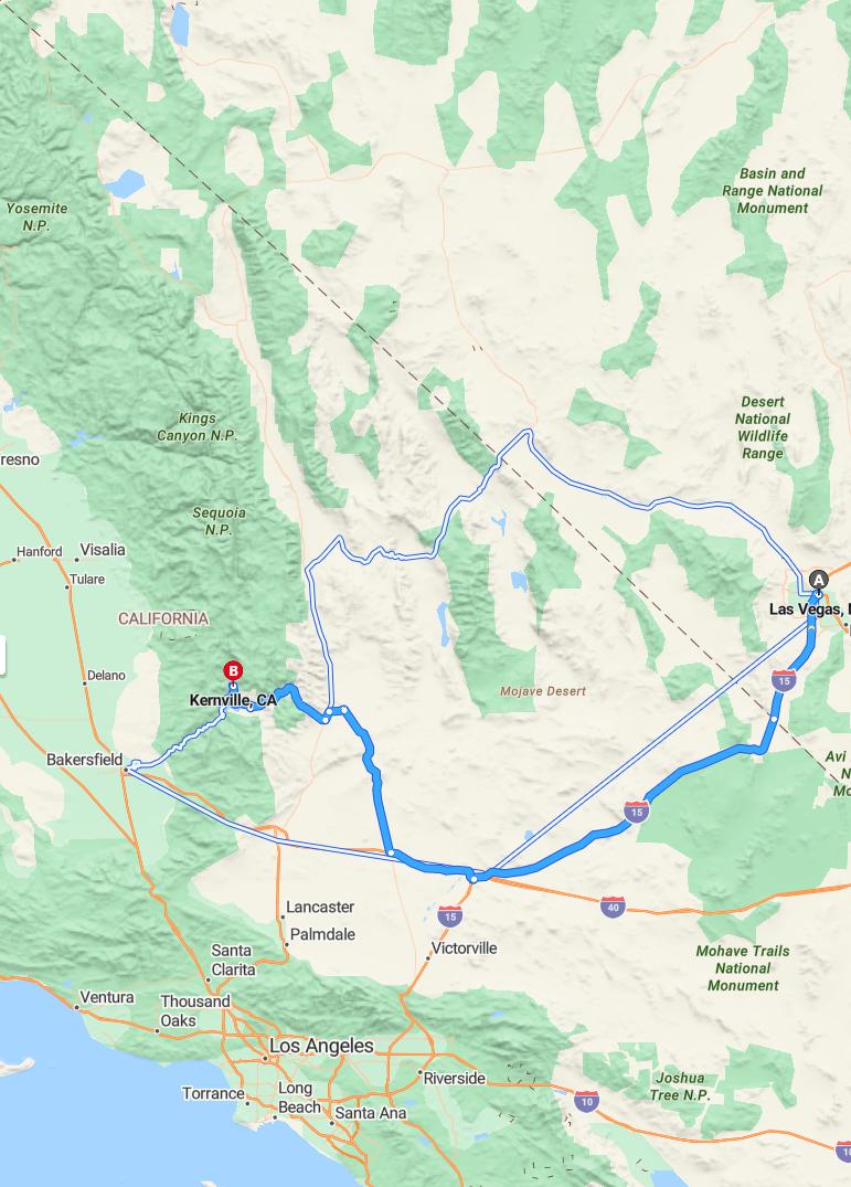 driving from Las Vegas, Nevada to KernvilleCalifornia - map and route
