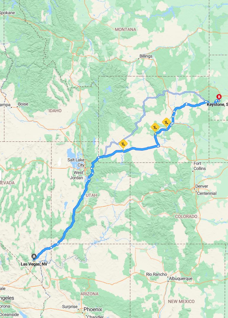 driving from Las Vegas, Nevada to KeystoneSouth Dakota - map and route