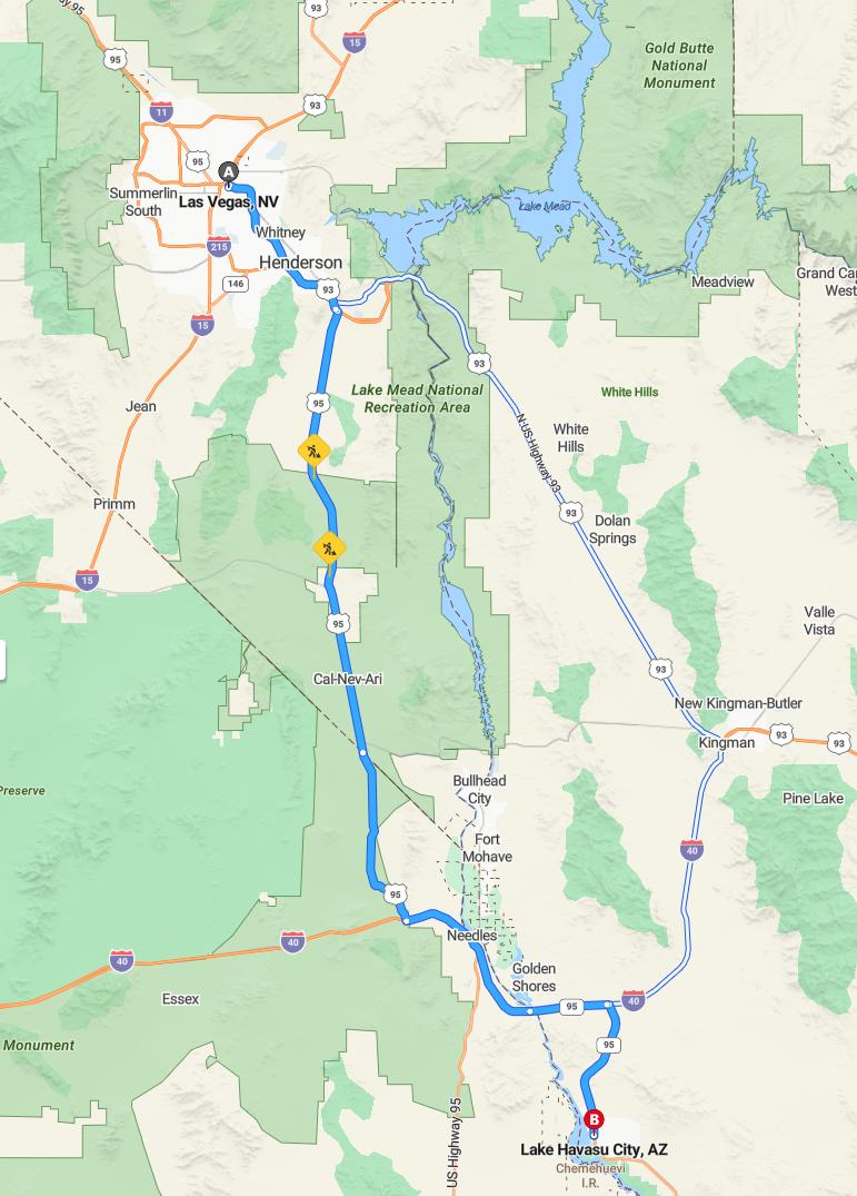 driving from Las Vegas, Nevada to Lake HavasuArizona - map and route