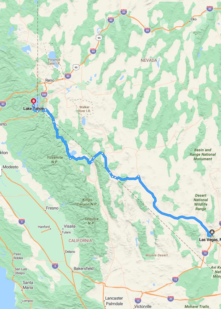 driving from Las Vegas, Nevada to Lake TahoeCalifornia - map and route