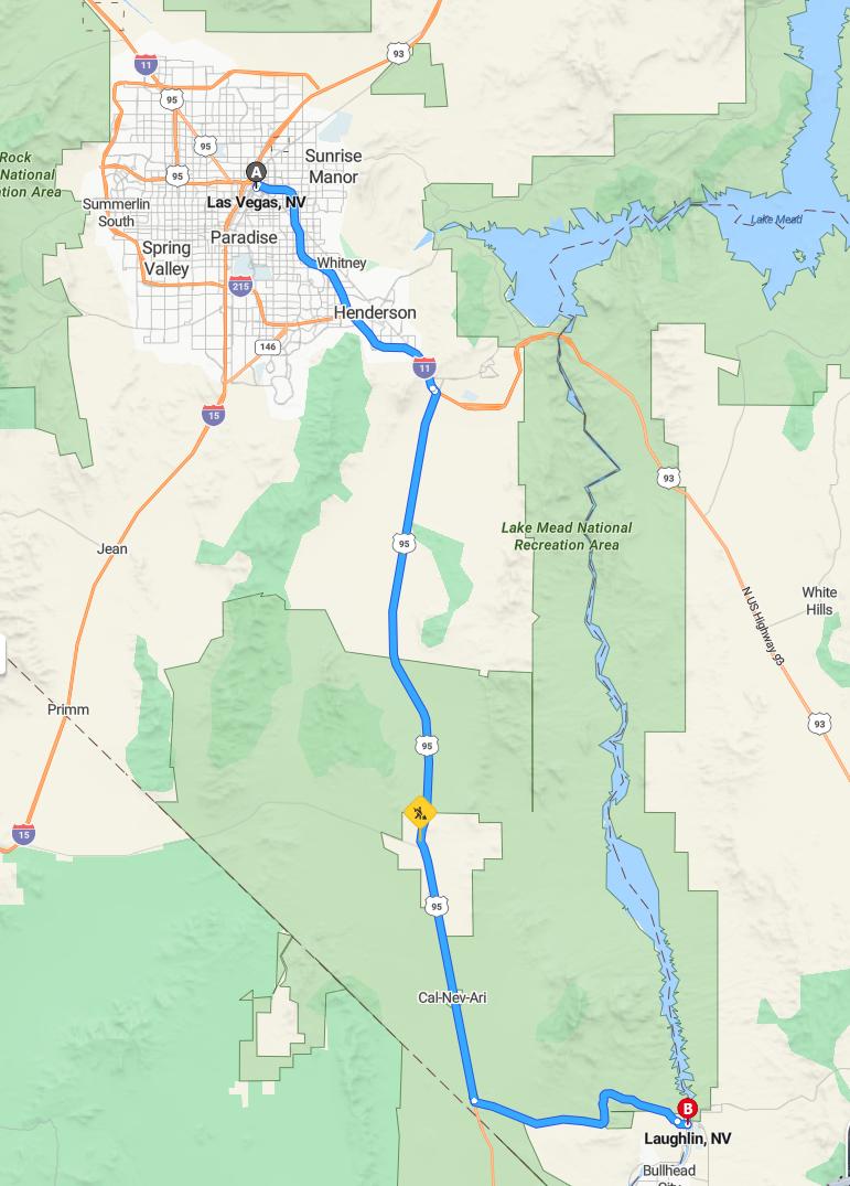 driving from Las Vegas, Nevada to LaughlinNevada - map and route