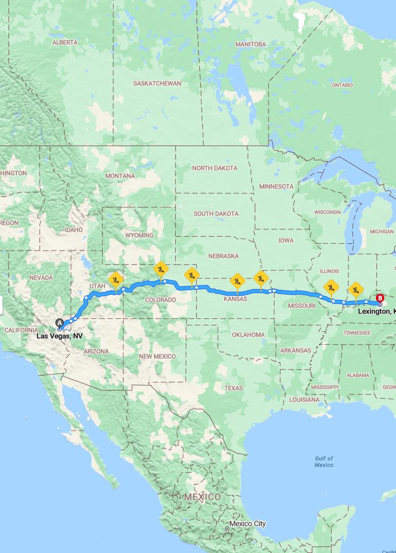 driving from Las Vegas, Nevada to LexingtonKentucky - map and route