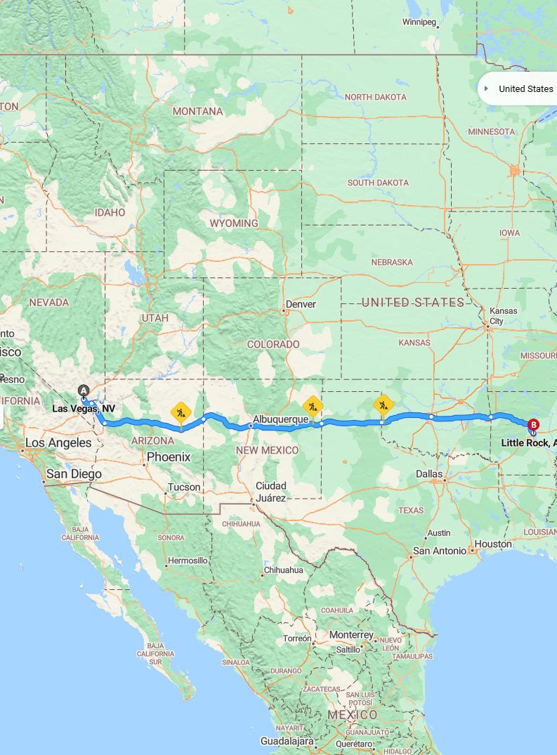 driving from Las Vegas, Nevada to Little RockArkansas - map and route