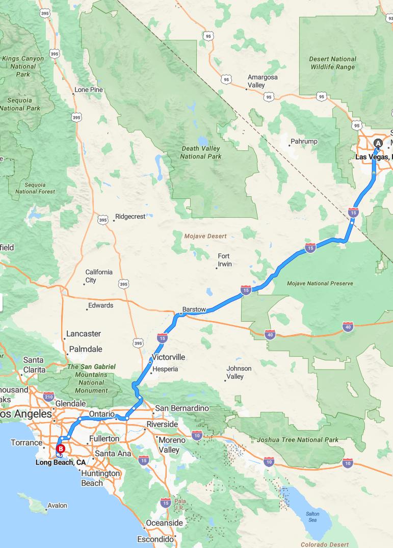 driving from Las Vegas, Nevada to Long BeachCalifornia - map and route