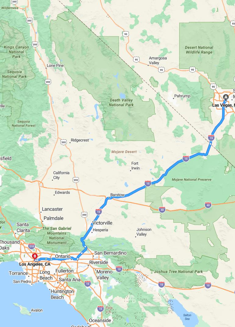 driving from Las Vegas, Nevada to Los AngelesCalifornia - map and route