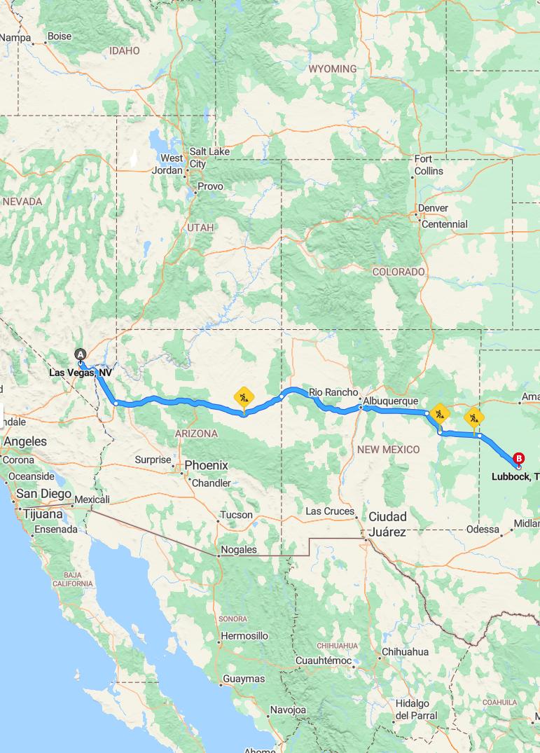 driving from Las Vegas, Nevada to LubbockTexas - map and route