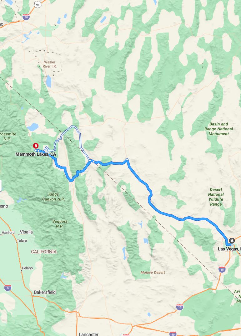 driving from Las Vegas, Nevada to Mammoth LakesCalifornia - map and route