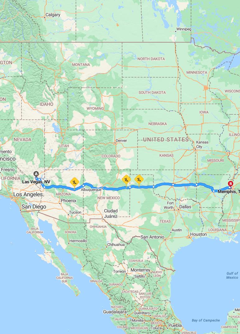 driving from Las Vegas, Nevada to MemphisTennessee - map and route