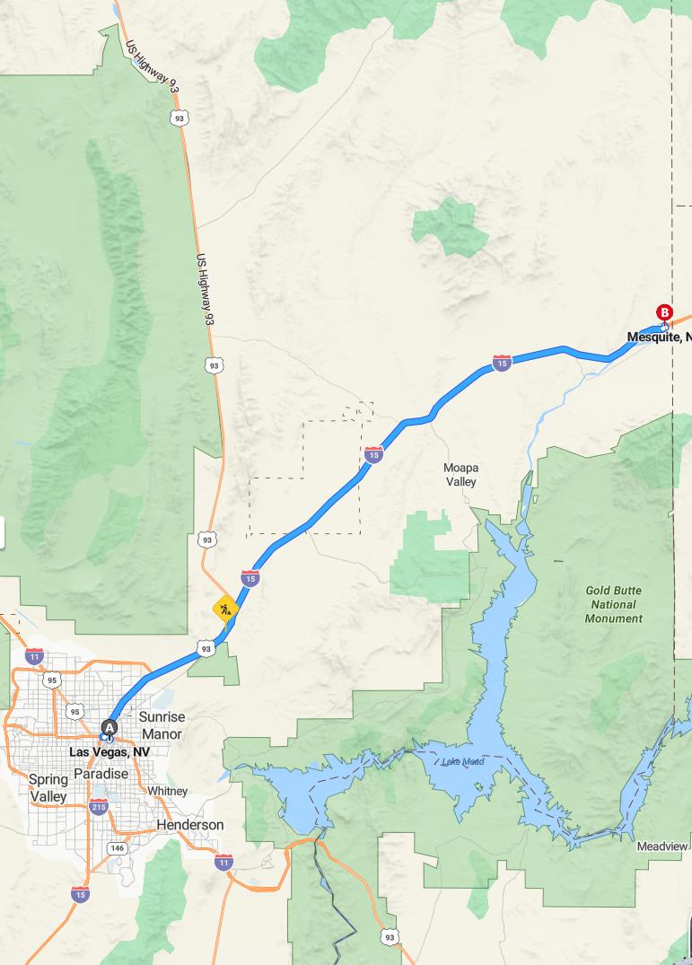 driving from Las Vegas, Nevada to MesquiteNevada - map and route