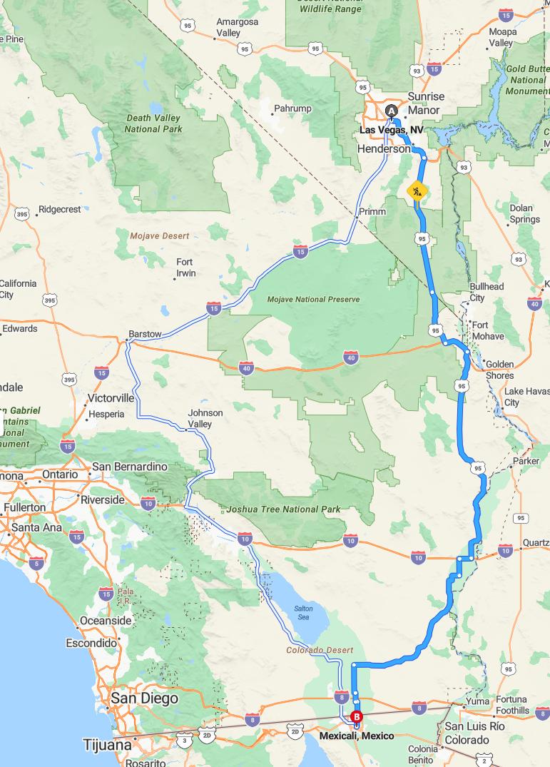 driving from Las Vegas, Nevada to MexicaliBaja California - map and route