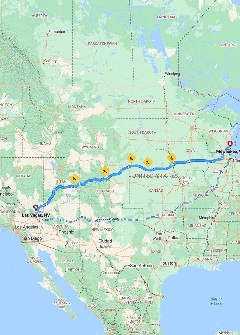 driving from Las Vegas, Nevada to MilwaukeeWisconsin - map and route