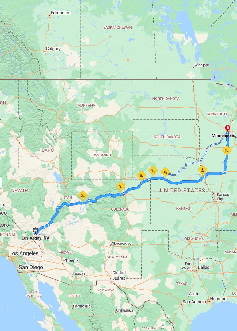 driving from Las Vegas, Nevada to MinneapolisMinnesota - map and route