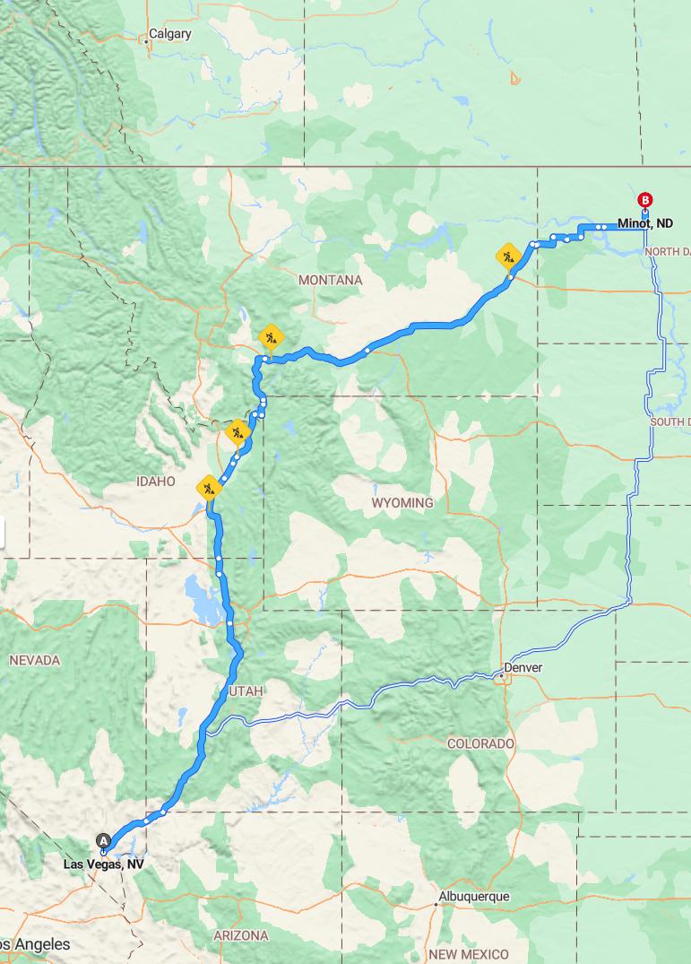 driving from Las Vegas, Nevada to MinotNorth Dakota - map and route