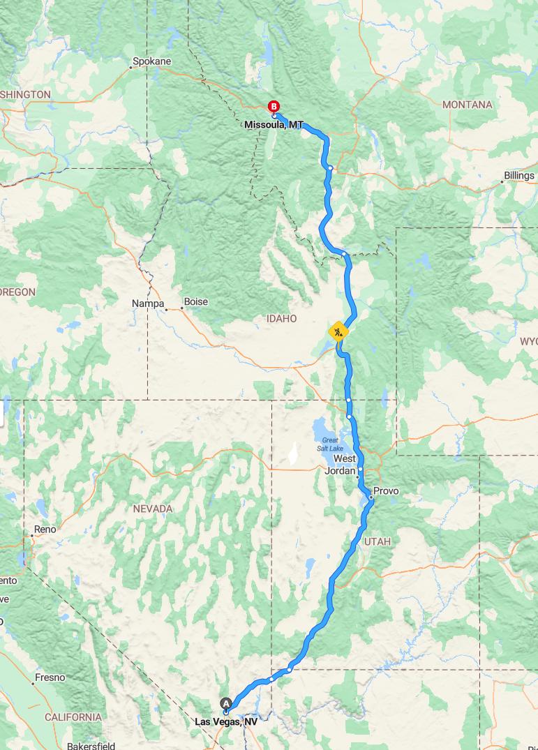 driving from Las Vegas, Nevada to MissoulaMontana - map and route