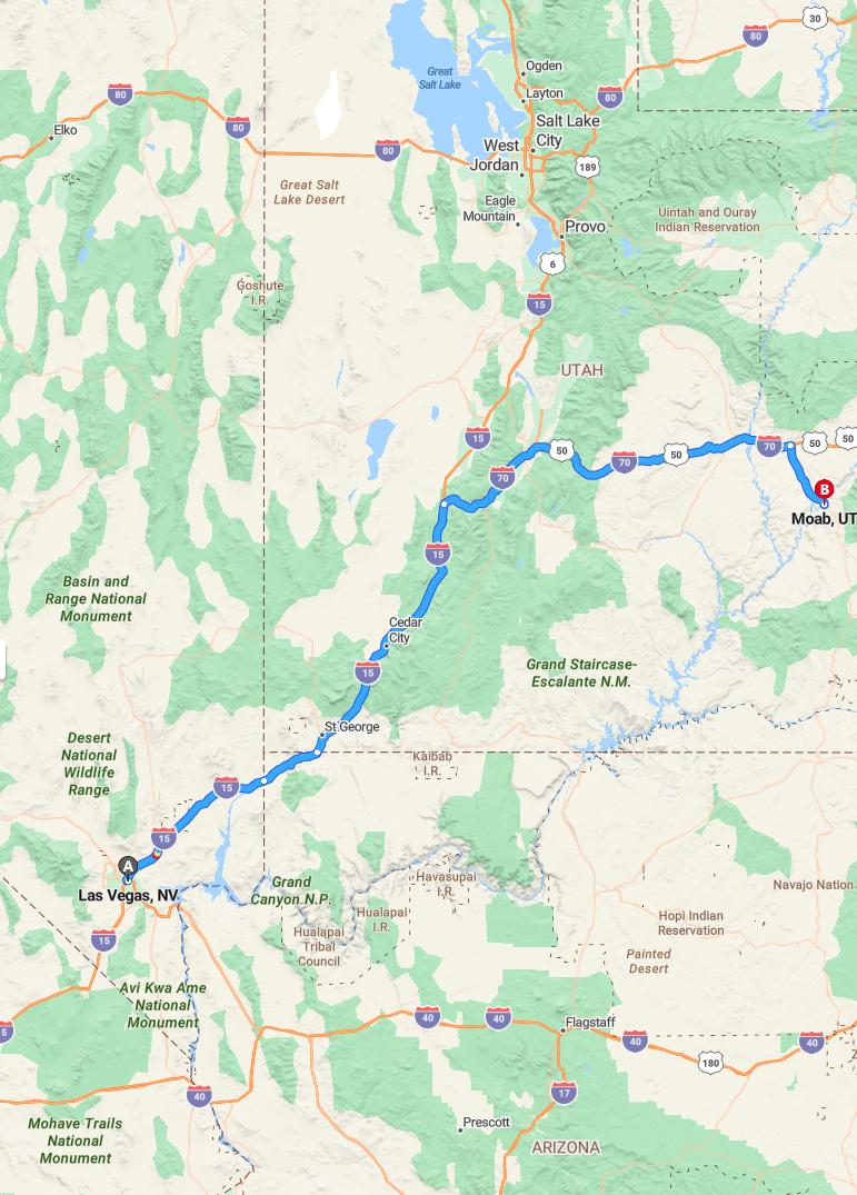driving from Las Vegas, Nevada to MoabUtah - map and route
