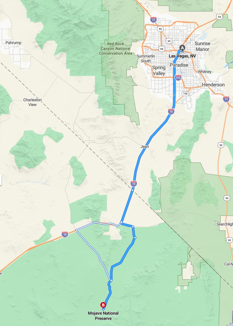 driving from Las Vegas, Nevada to Mojave National ReserveCalifornia - map and route