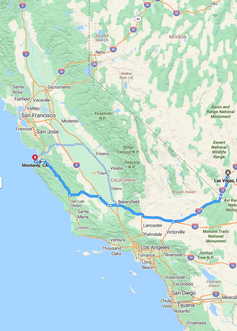 driving from Las Vegas, Nevada to MontereyCalifornia - map and route
