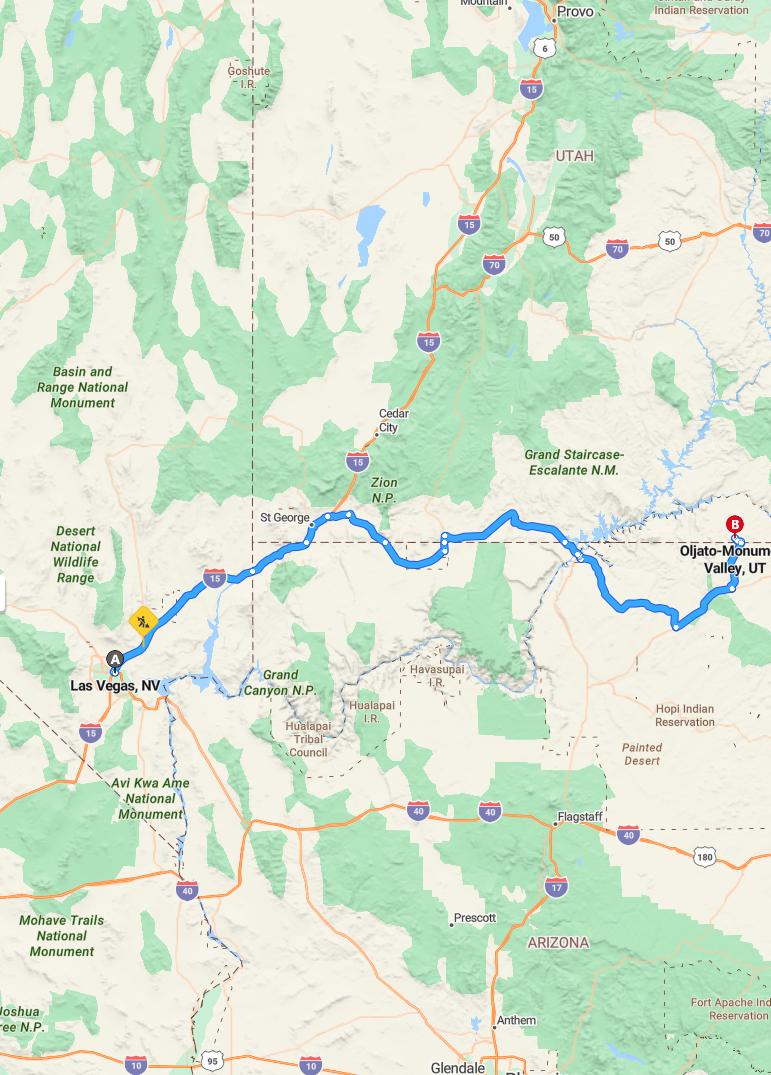 driving from Las Vegas, Nevada to Monument ValleyUtah - map and route