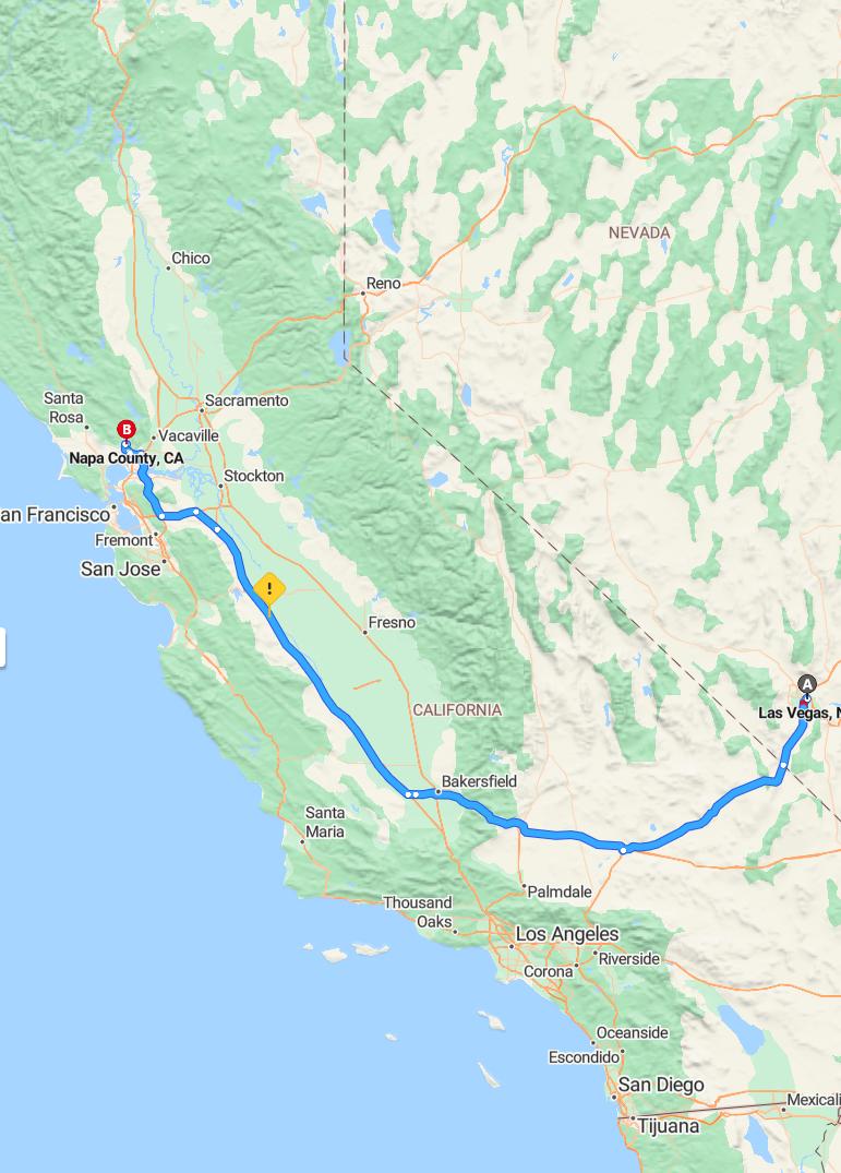 driving from Las Vegas, Nevada to Napa ValleyCalifornia - map and route