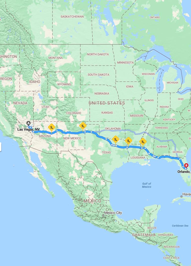 driving from Las Vegas, Nevada to OrlandoFlorida - map and route