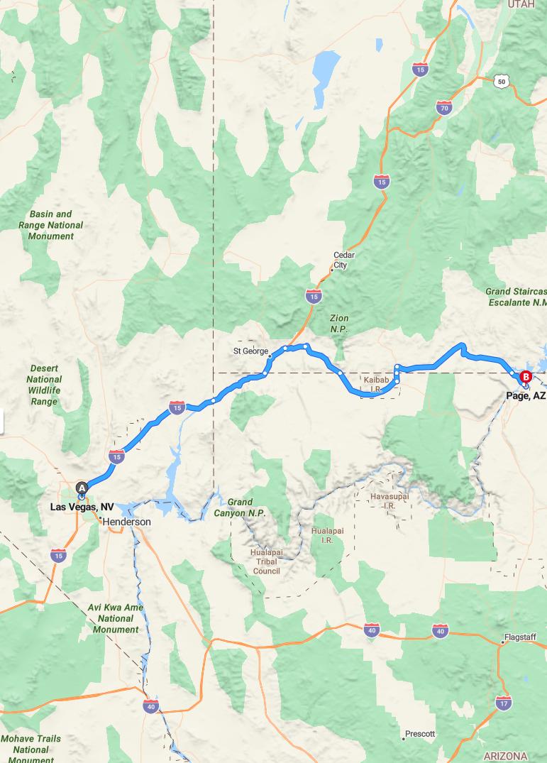 driving from Las Vegas, Nevada to PageArizona - map and route