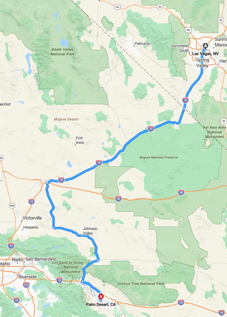 driving from Las Vegas, Nevada to Palm DesertCalifornia - map and route