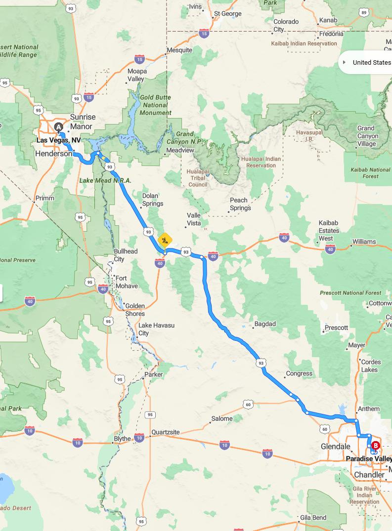 driving from Las Vegas, Nevada to Paradise ValleyArizona - map and route