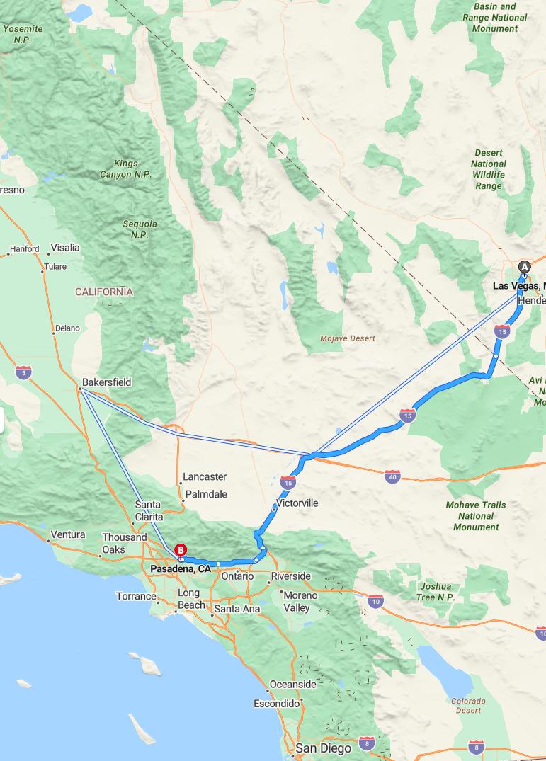 driving from Las Vegas, Nevada to PasadenaCalifornia - map and route
