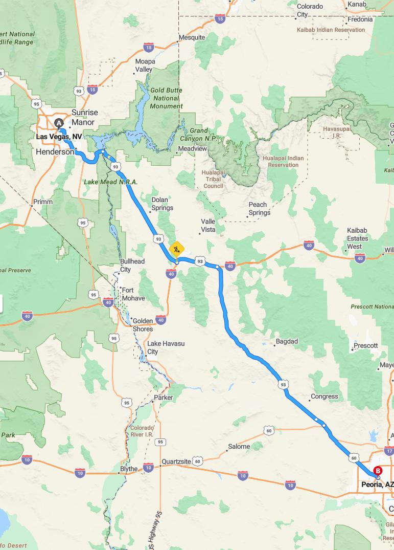 driving from Las Vegas, Nevada to PeoriaArizona - map and route