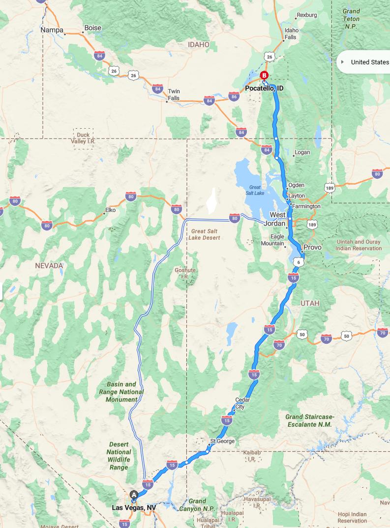driving from Las Vegas, Nevada to PocatelloIdaho - map and route