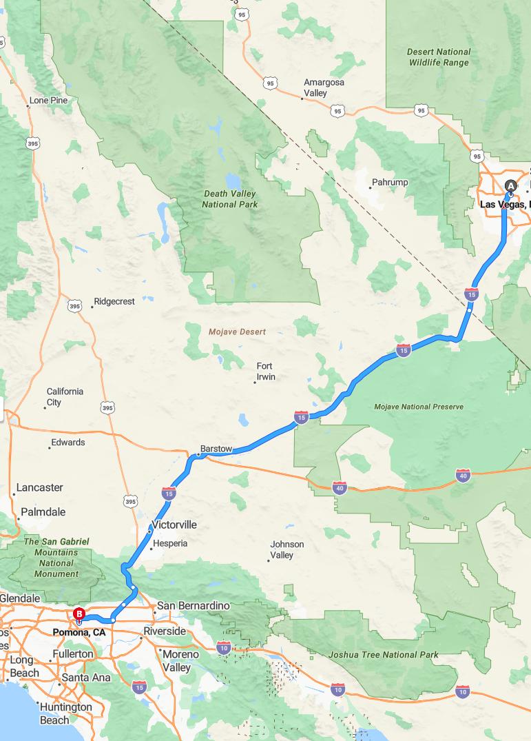 driving from Las Vegas, Nevada to PomonaCalifornia - map and route