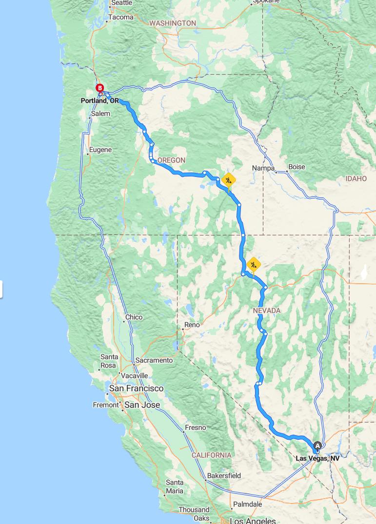 driving from Las Vegas, Nevada to PortlandOregon - map and route