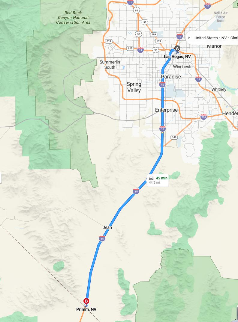 driving from Las Vegas, Nevada to PrimmNevada - map and route