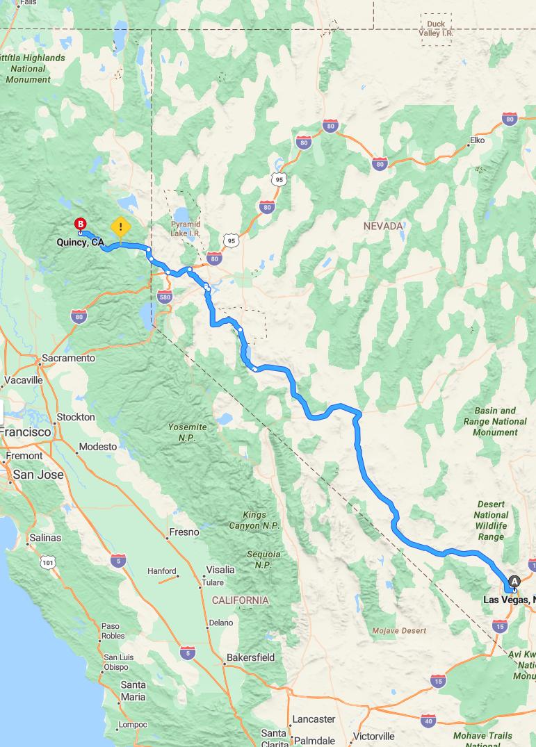 driving from Las Vegas, Nevada to QuincyCalifornia - map and route