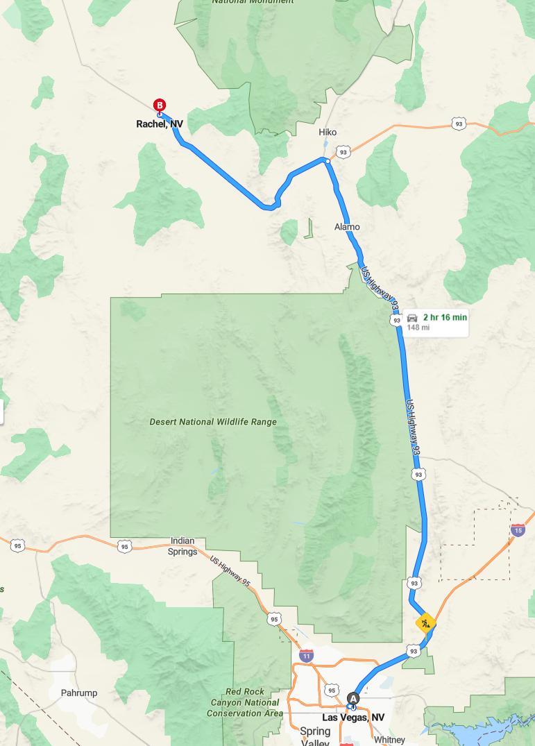 driving from Las Vegas, Nevada to RachelNevada - map and route