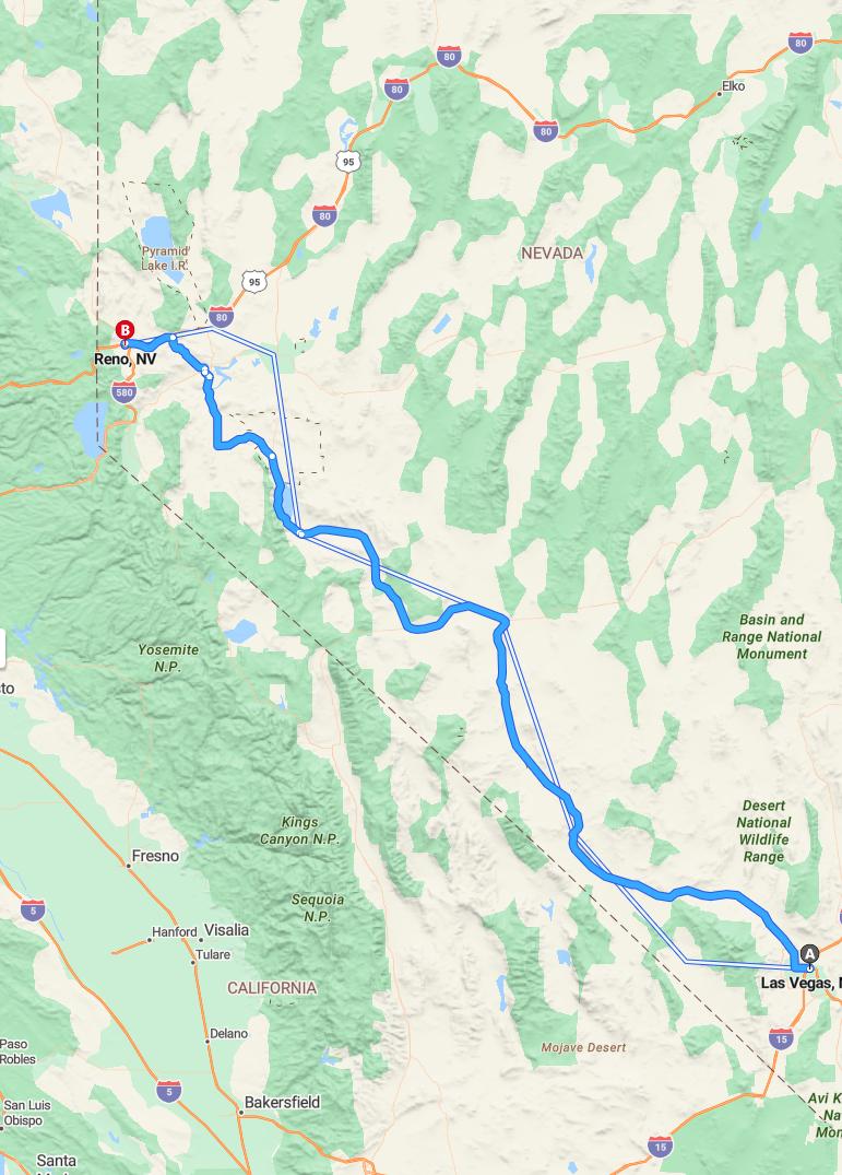 driving from Las Vegas, Nevada to RenoNevada - map and route