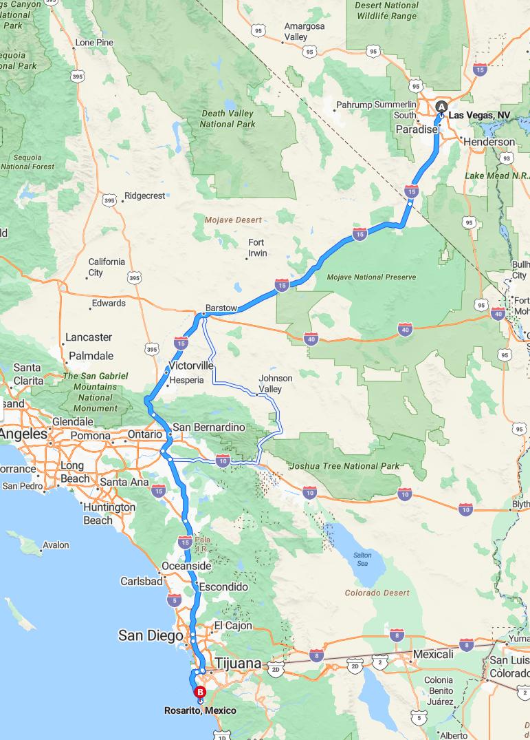 driving from Las Vegas, Nevada to RosaritoBaja California - map and route