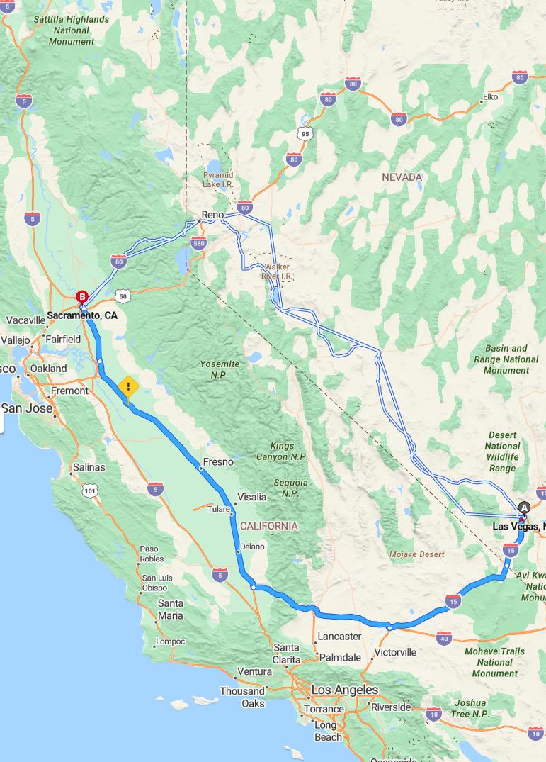 driving from Las Vegas, Nevada to SacramentoCalifornia - map and route