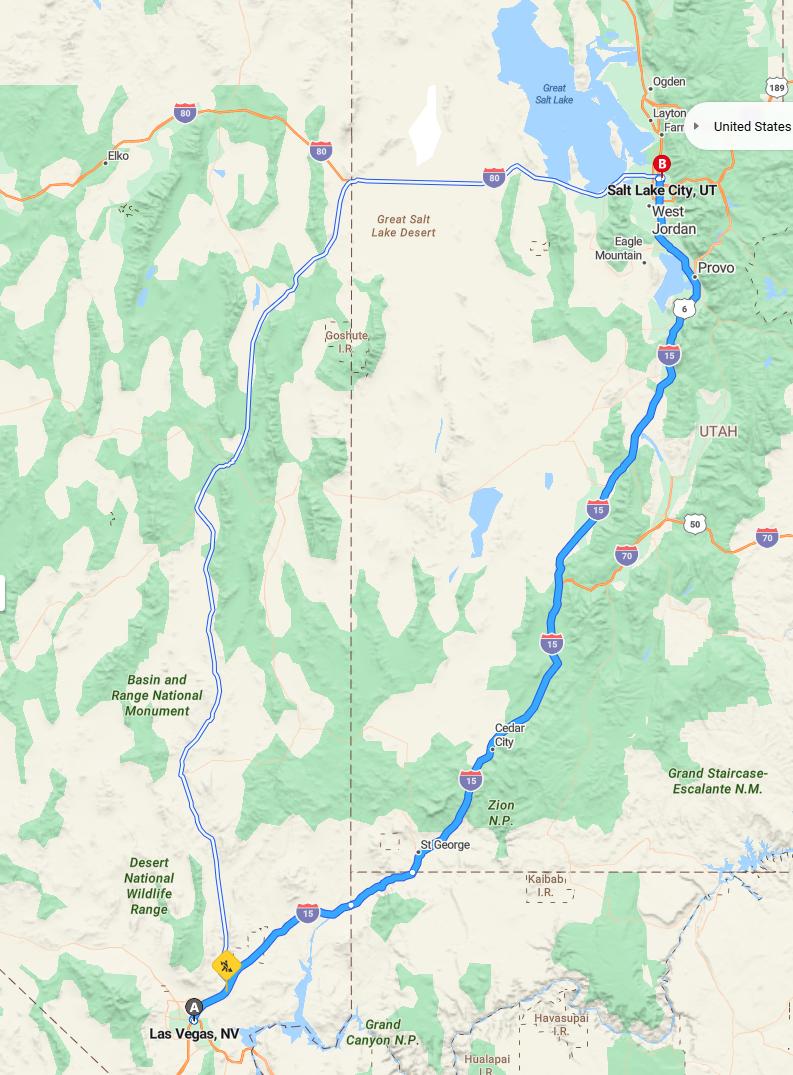 driving from Las Vegas, Nevada to Salt Lake CityUtah - map and route