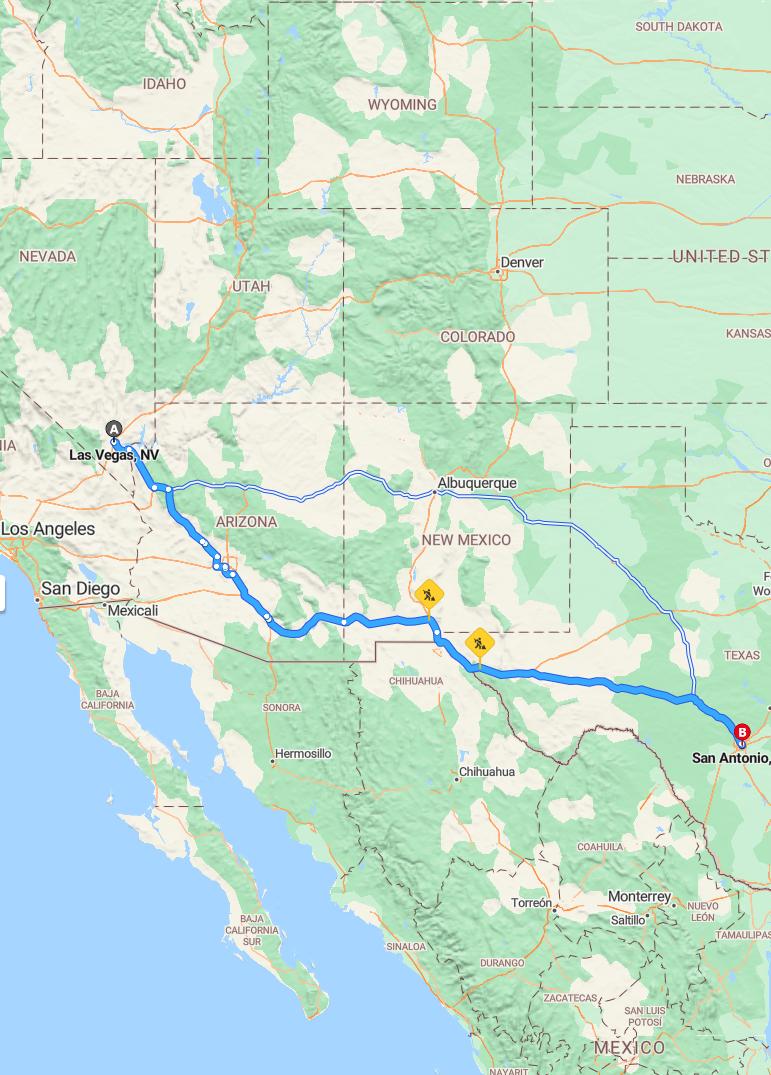 driving from Las Vegas, Nevada to San AntonioTexas - map and route