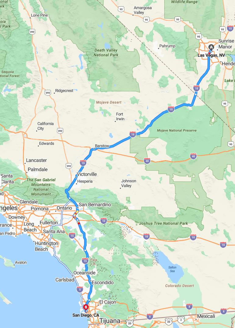 driving from Las Vegas, Nevada to San DiegoCalifornia - map and route