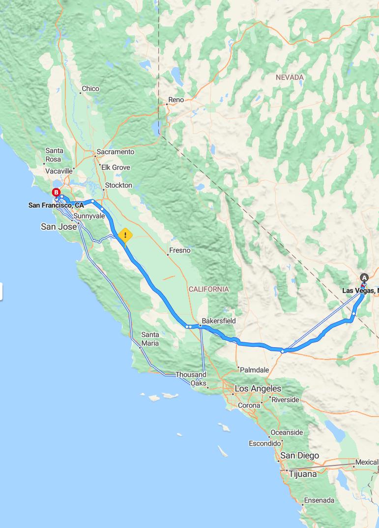 driving from Las Vegas, Nevada to San FranciscoCalifornia - map and route