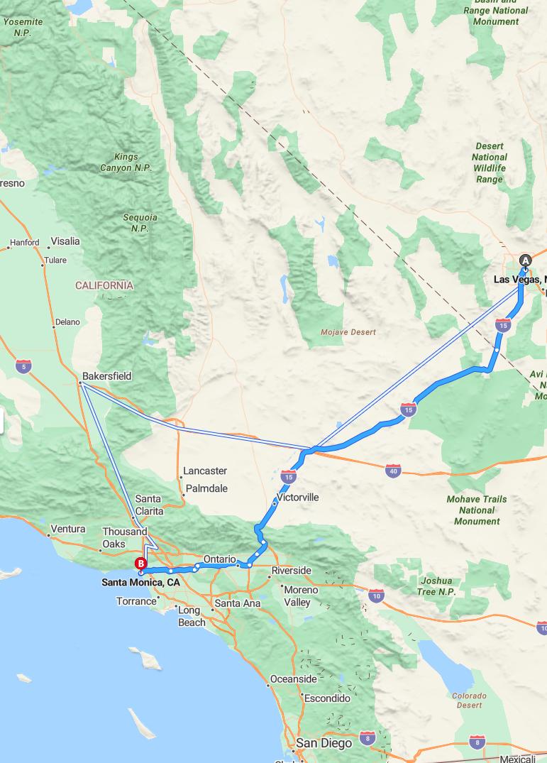driving from Las Vegas, Nevada to Santa MonicaCalifornia - map and route